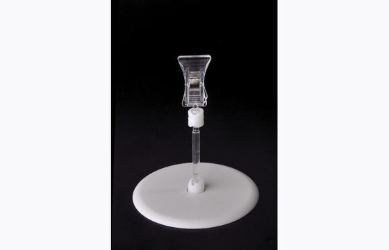 Agrafe en plastique transparente de support de prix à payer de picoseconde, agrafe de POP avec la base ronde 15*9cm