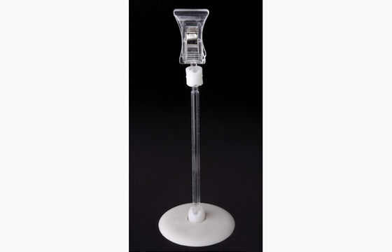 Agrafe en plastique transparente de support de prix à payer de picoseconde, agrafe de POP avec la base ronde 15*9cm
