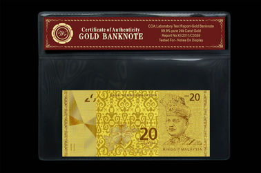 Ringgit de la Malaisie 20 de relief dans 24 paquets en plastique de support de billet de banque pur d'or de carat